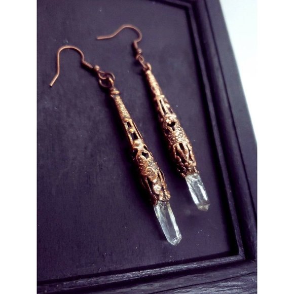 Copper plated filigree quartz crystal earrings handmade gothic style jewelry - Picture 4 of 12
